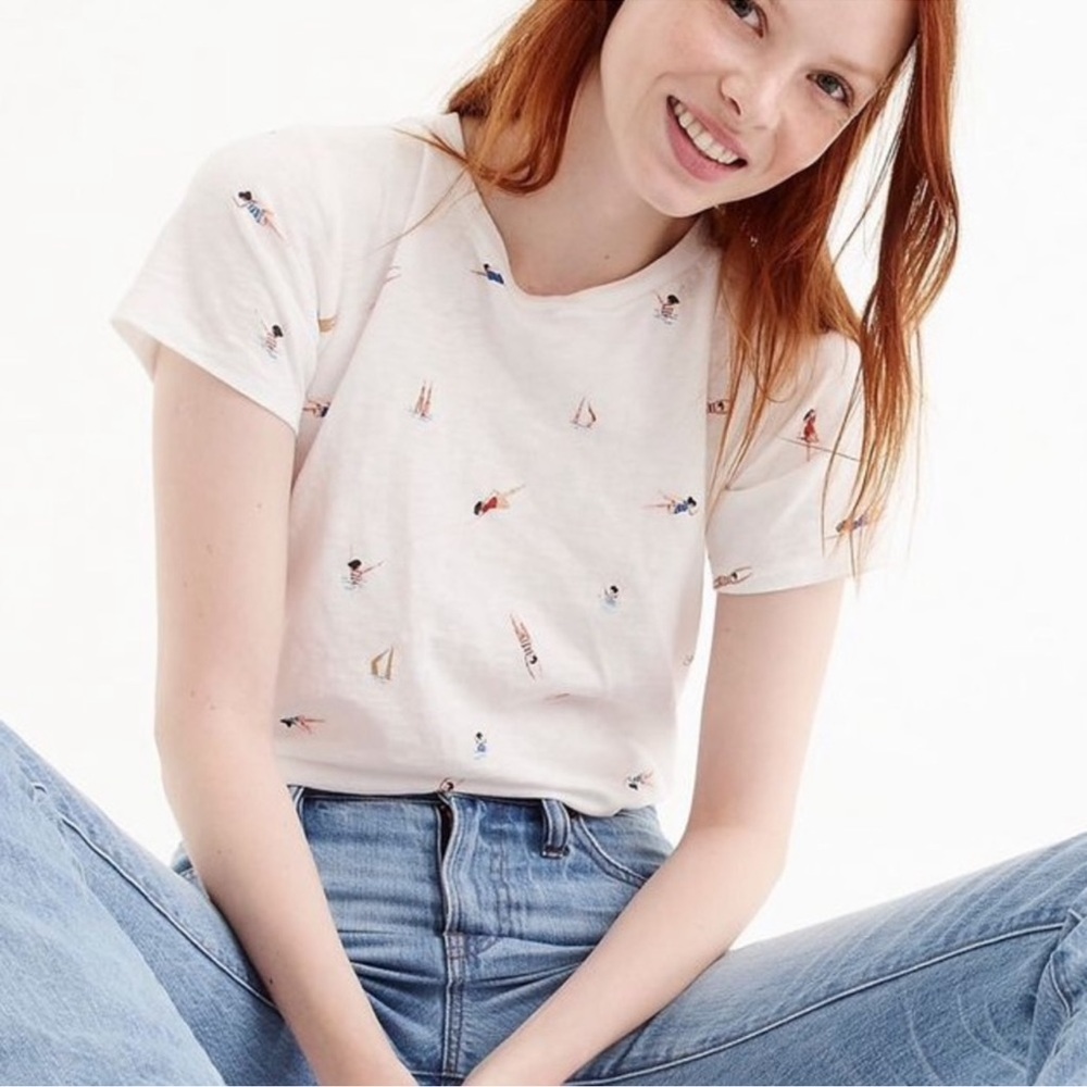 J CREW White Swimmers Tee with Glitter Accents - H7879 - Sz XS